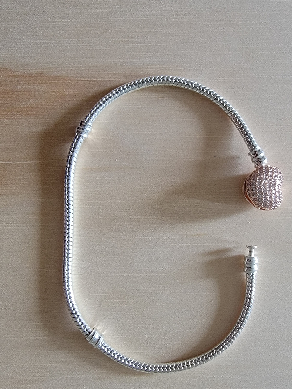 Sterling Silver Snake Chain Bracelet with Rose Gold Pave Heart Charm